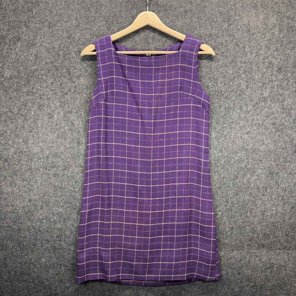 Vintage 60s Purple Shift Mini Dress XS Windowpane Plaid Sleeveless Mod GoGo USA